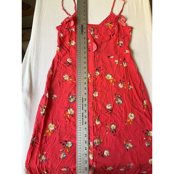 Express Women Maxi Dress M Red Floral Sundress Button Sleeveless Slit Front - Picture 7 of 11